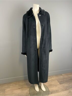 Long Navy Faux-Suede Coat with Plush Faux Fur Collar
